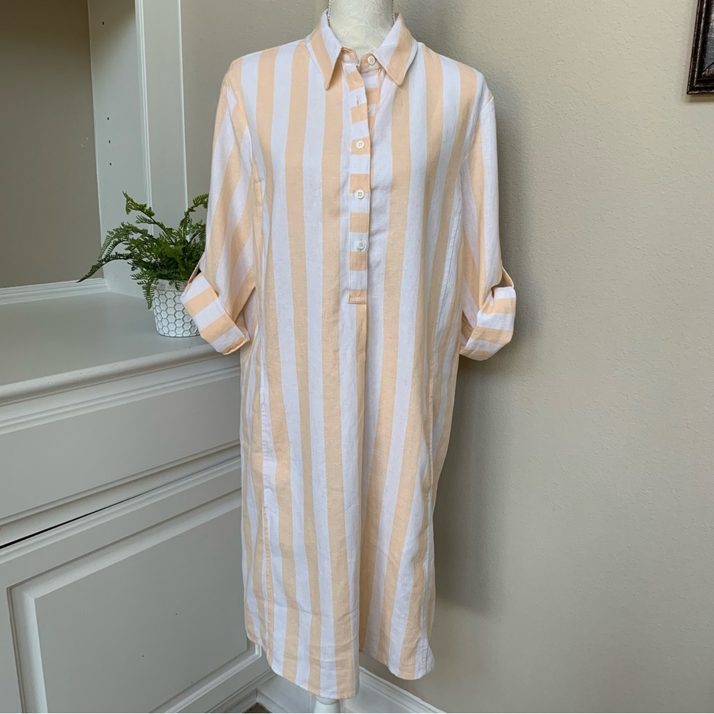 NWT Max Studio Striped Shirt Dress Roll Sleeve Peach & White Linen Blend Medium